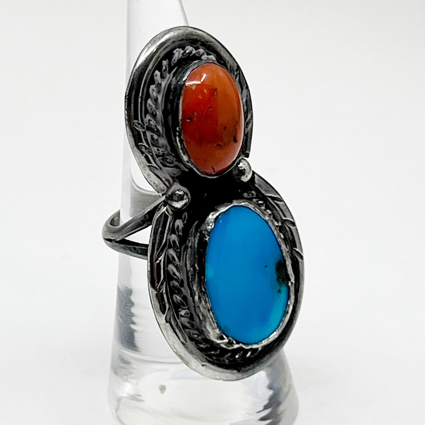 Steven Apachito Navajo sterling silver turquoise & coral ring