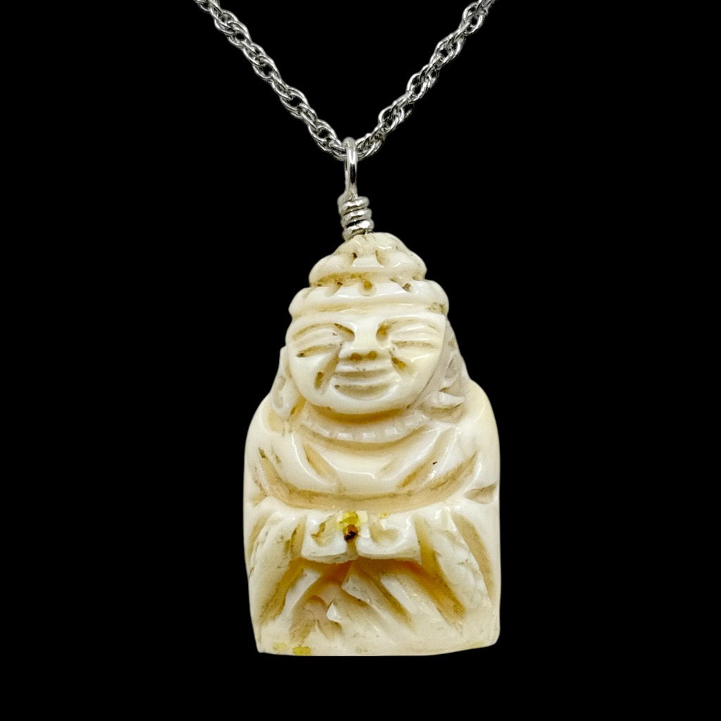Vintage sterling silver carved bone buddha pendant - GM129