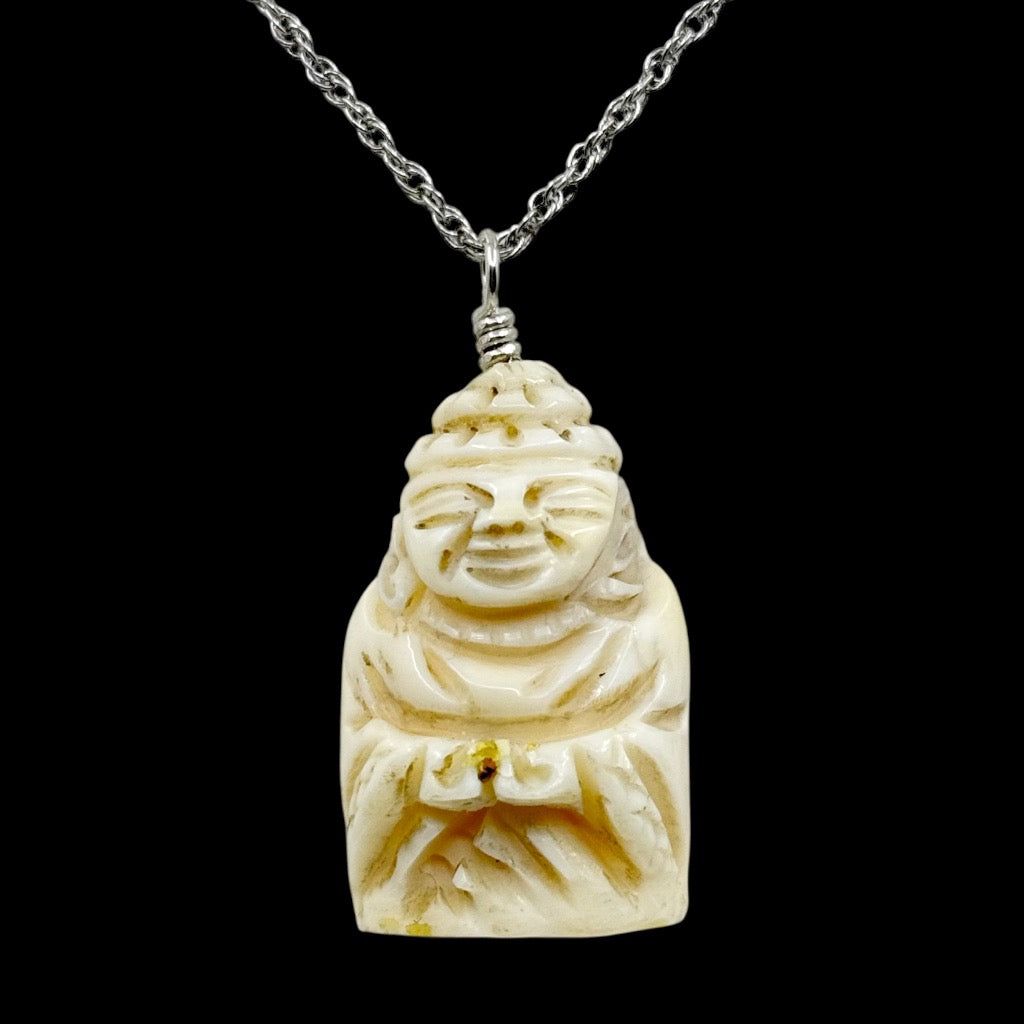 Vintage sterling silver carved bone buddha pendant - GM129