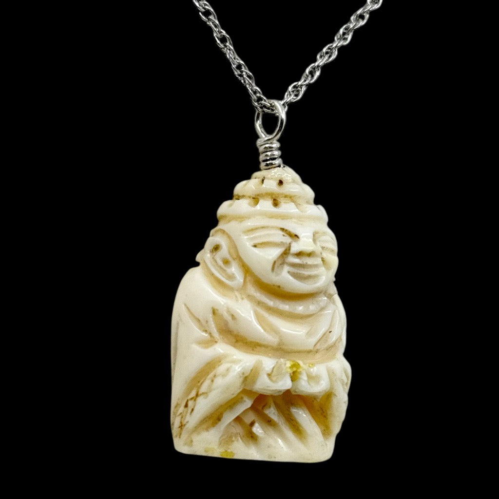 Vintage sterling silver carved bone buddha pendant - GM129