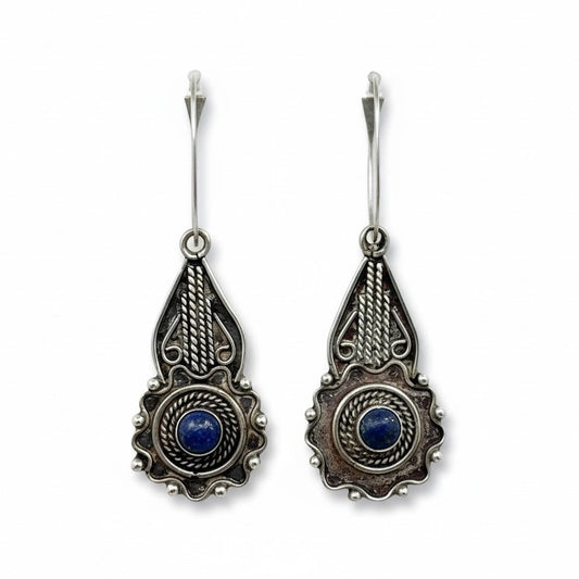 tribal Sterling silver lapis lazuli cabochon drop earrings - GM136
