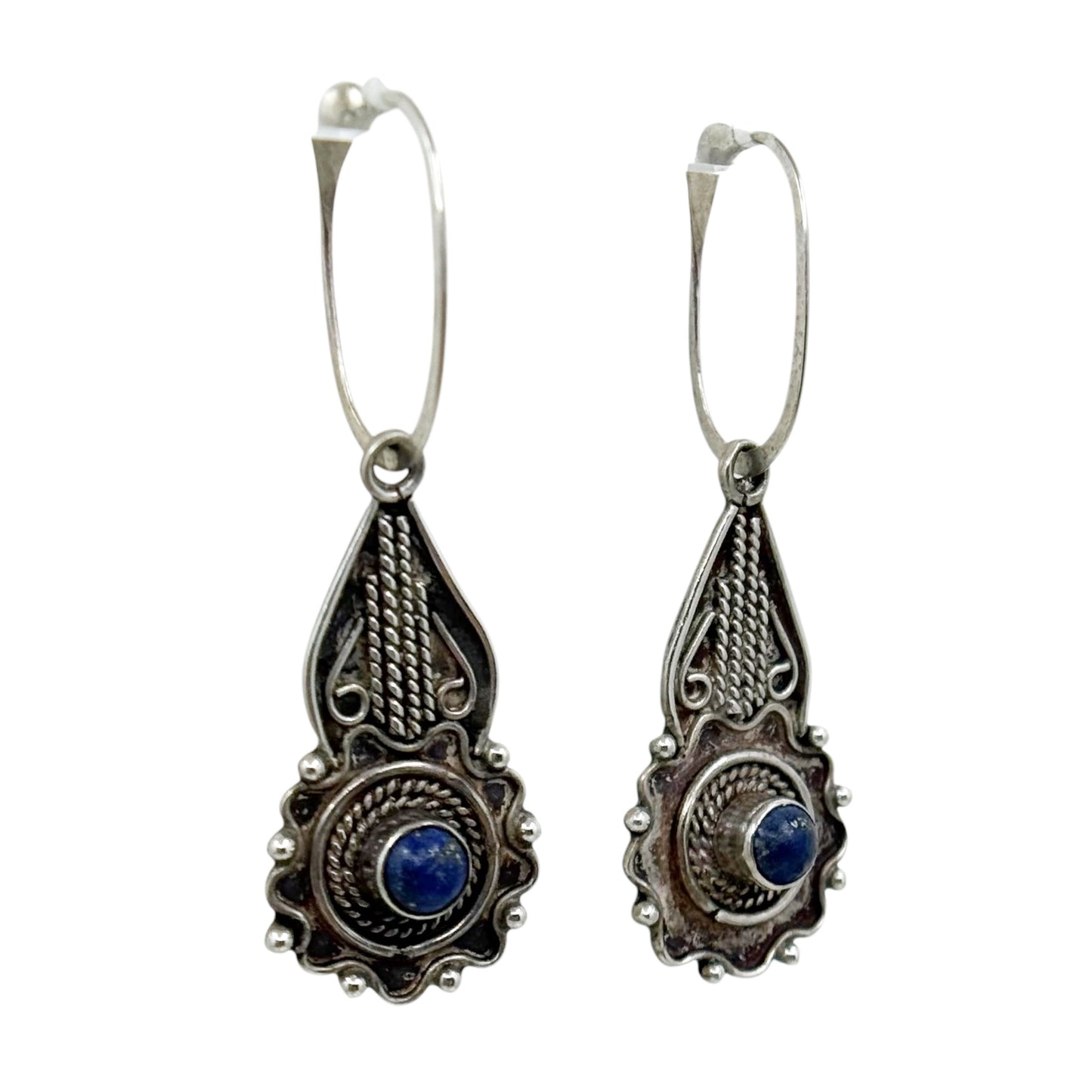 tribal Sterling silver lapis lazuli cabochon drop earrings - GM136
