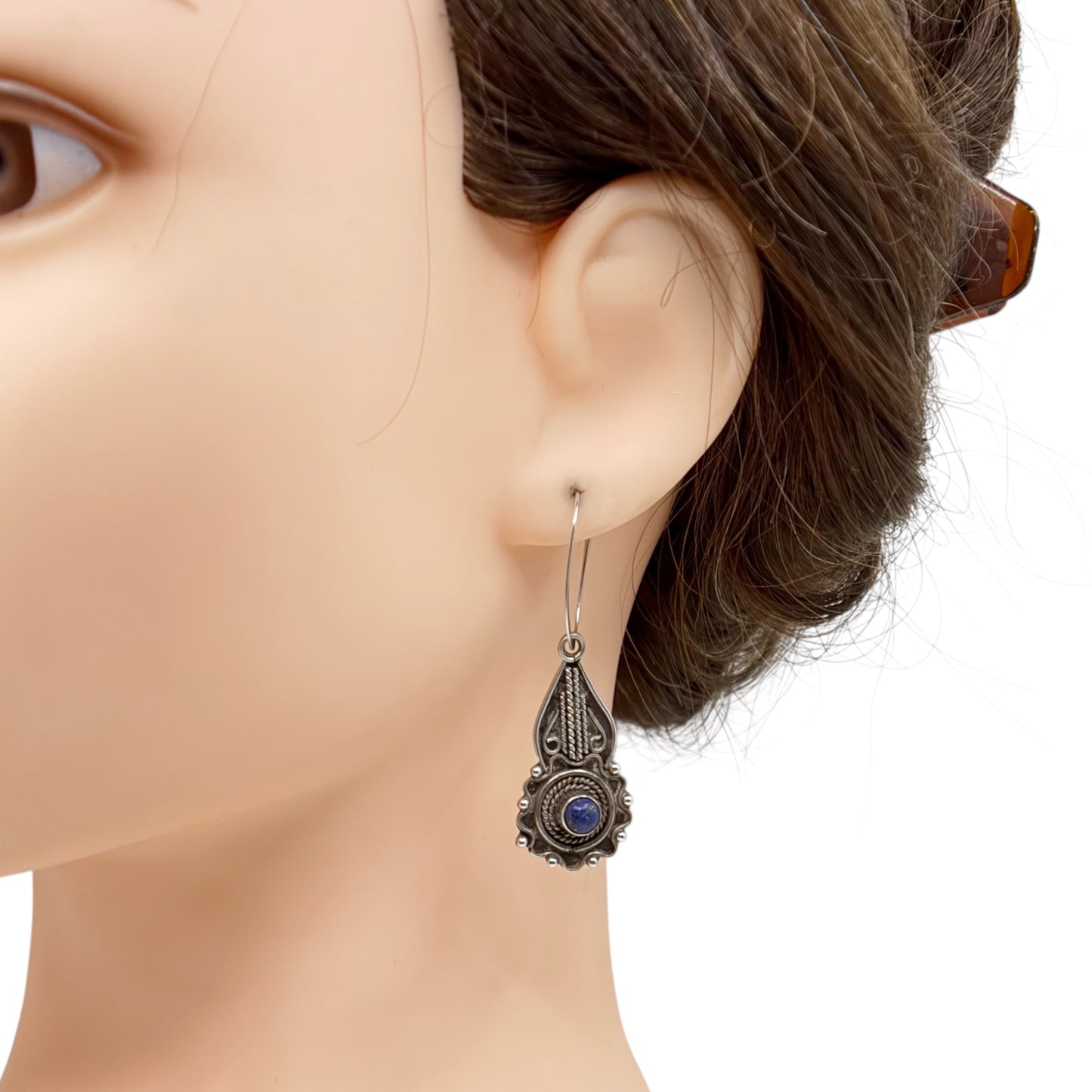 tribal Sterling silver lapis lazuli cabochon drop earrings - GM136