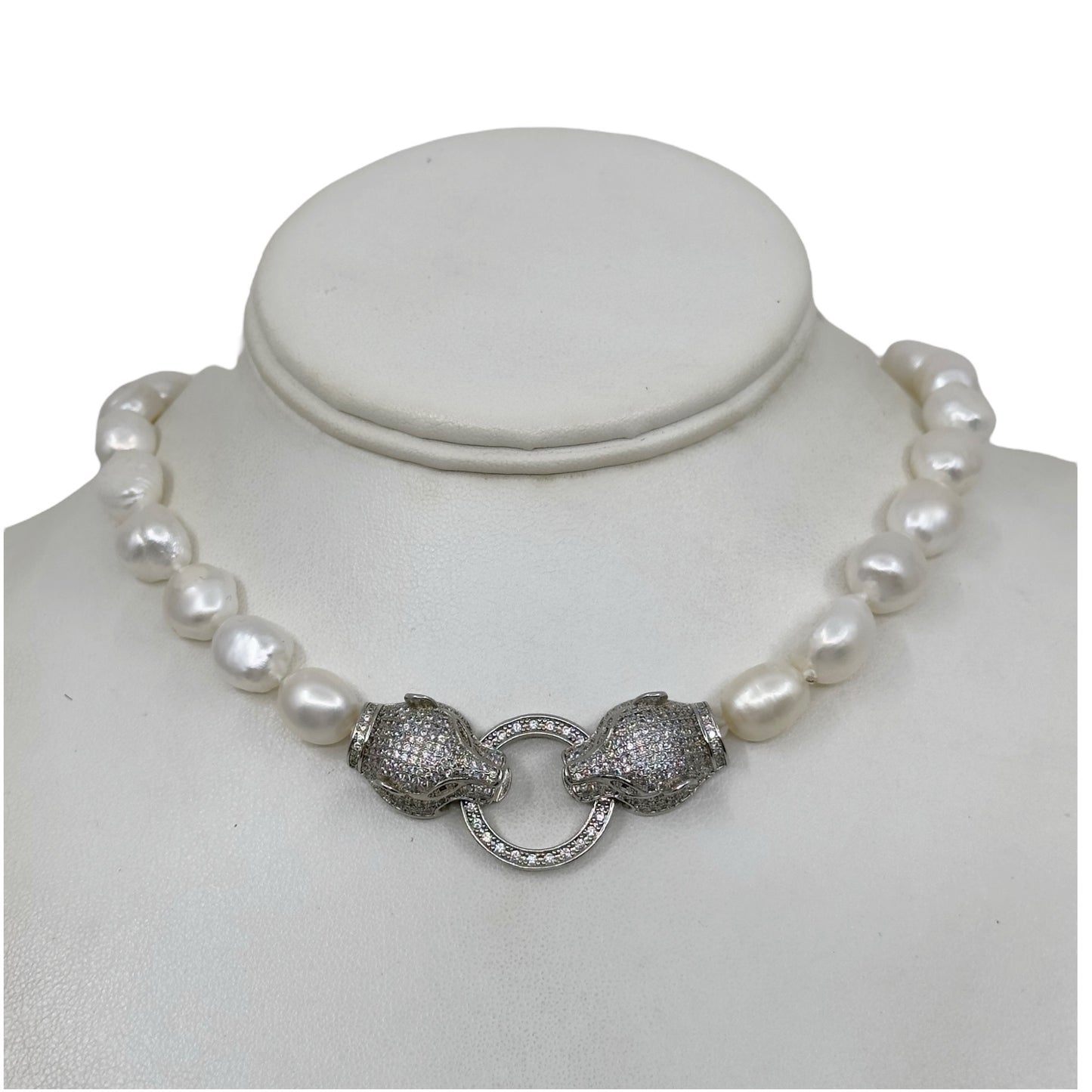 Silver Tone Freshwater Pearl & cubic zirconia panther clasp necklace