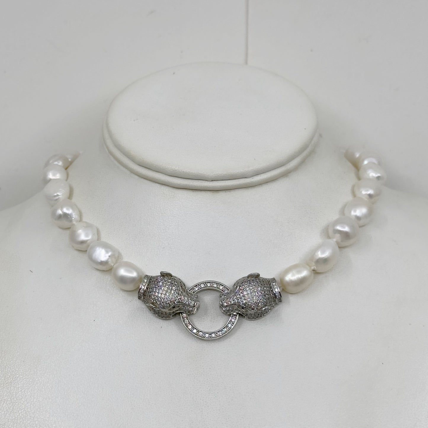 Silver Tone Freshwater Pearl & cubic zirconia panther clasp necklace