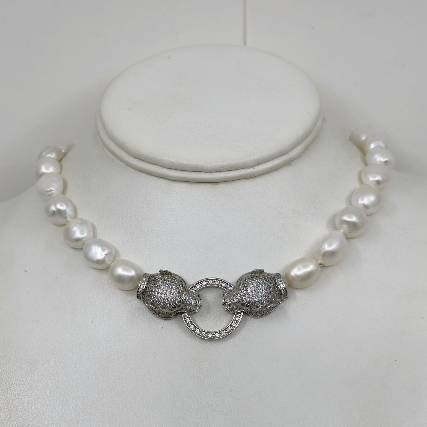 Silver Tone Freshwater Pearl & cubic zirconia panther clasp necklace