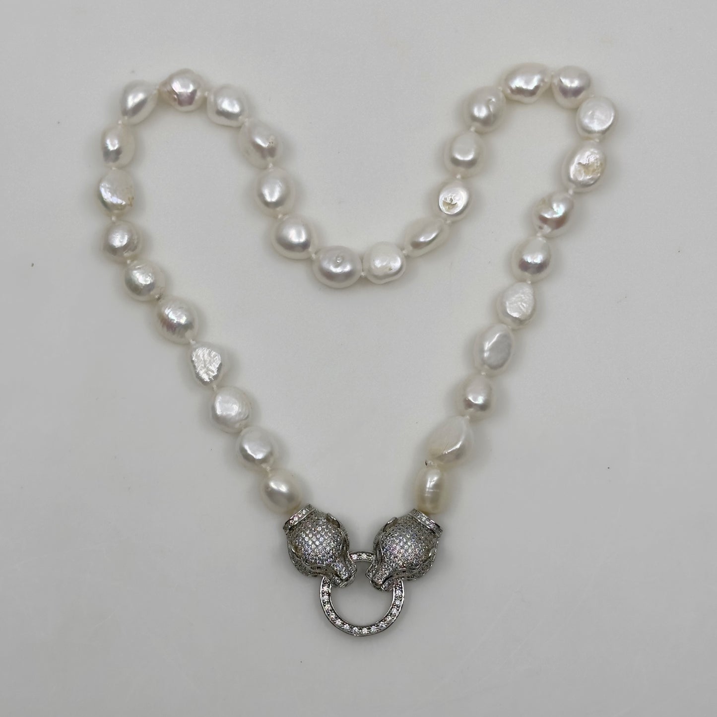 Silver Tone Freshwater Pearl & cubic zirconia panther clasp necklace