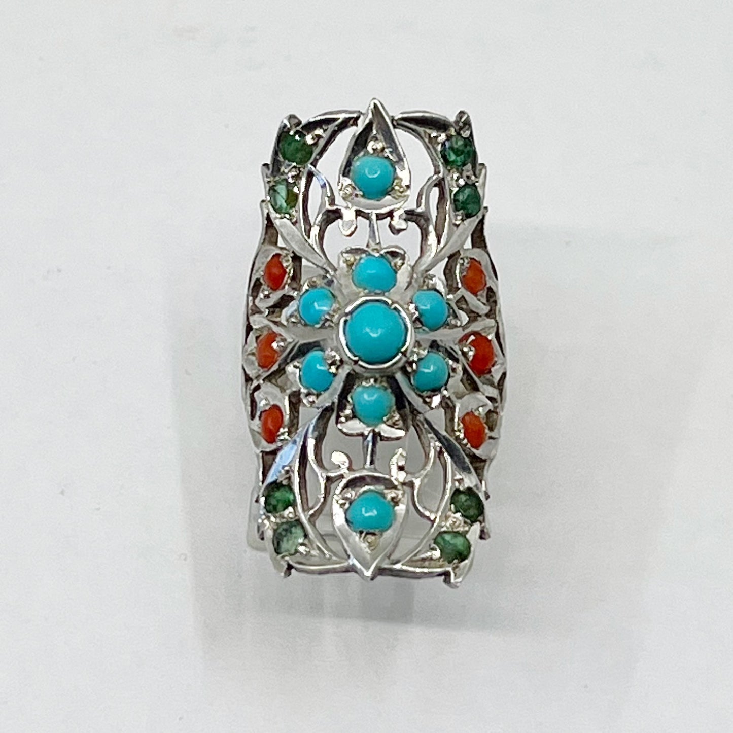 sterling silver turquoise, coral & emerald ring