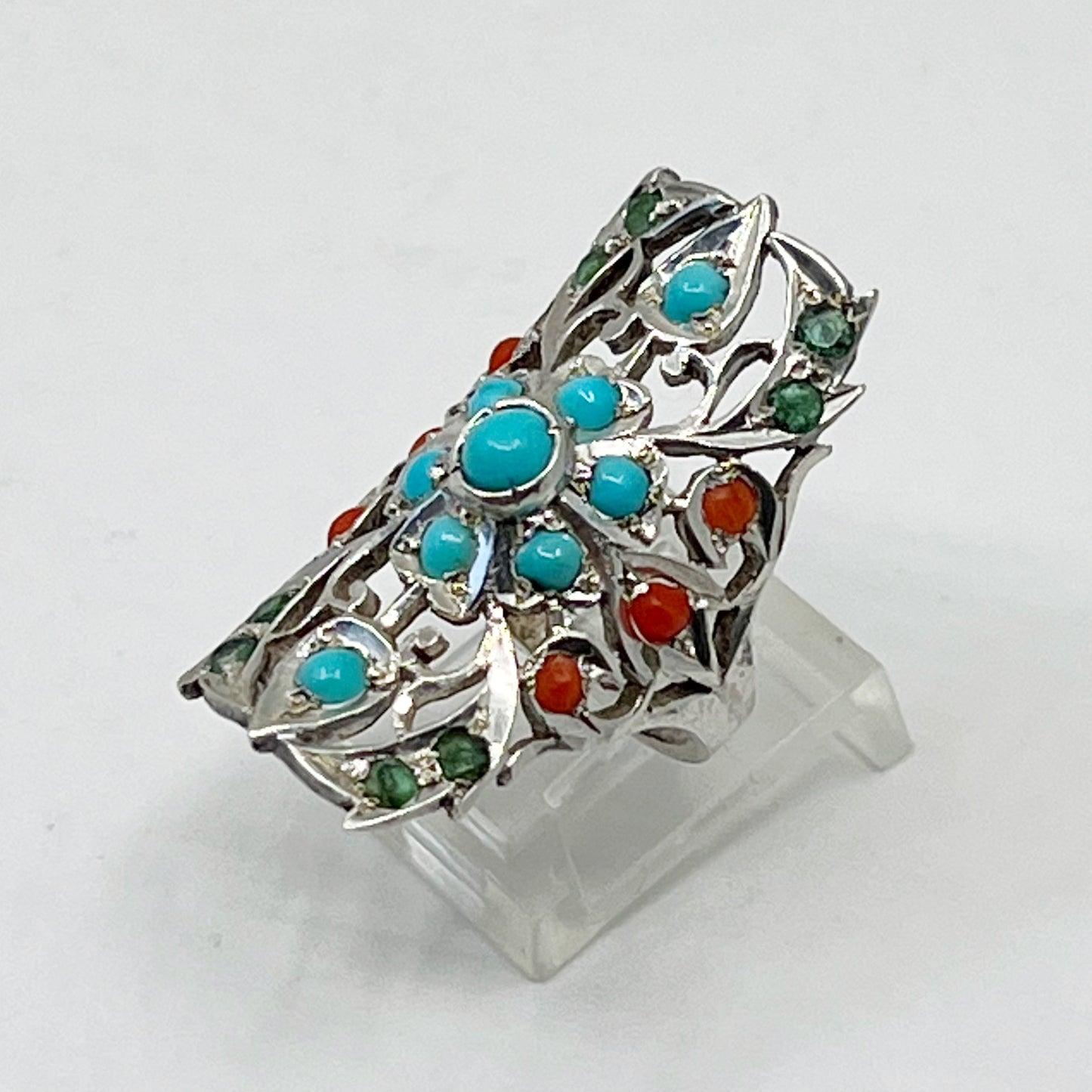 sterling silver turquoise, coral & emerald ring