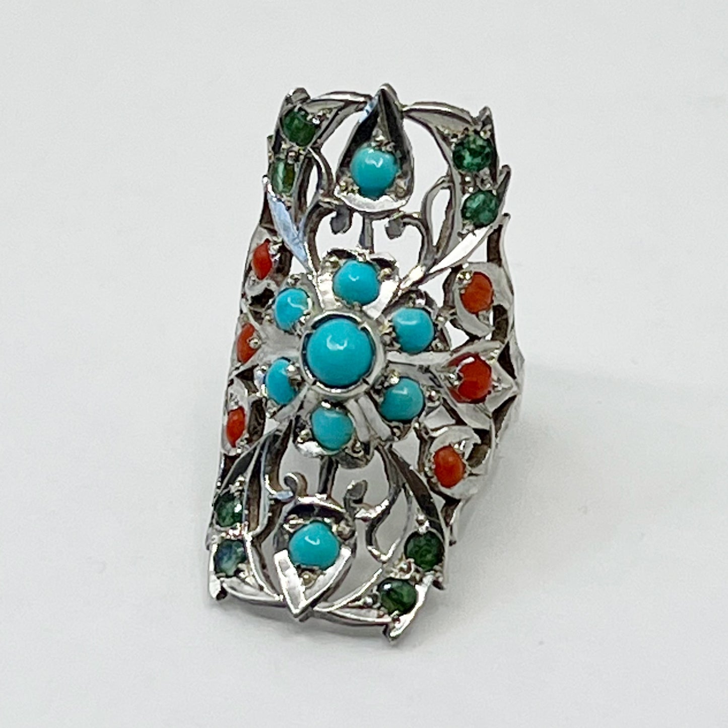 sterling silver turquoise, coral & emerald ring