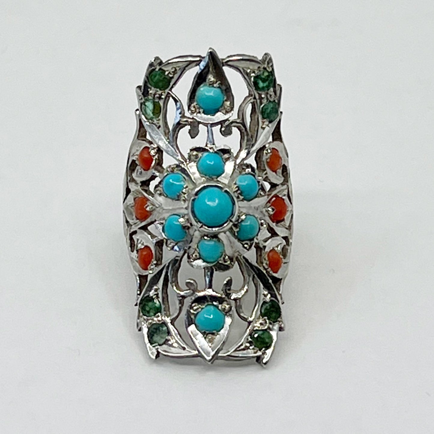 sterling silver turquoise, coral & emerald ring