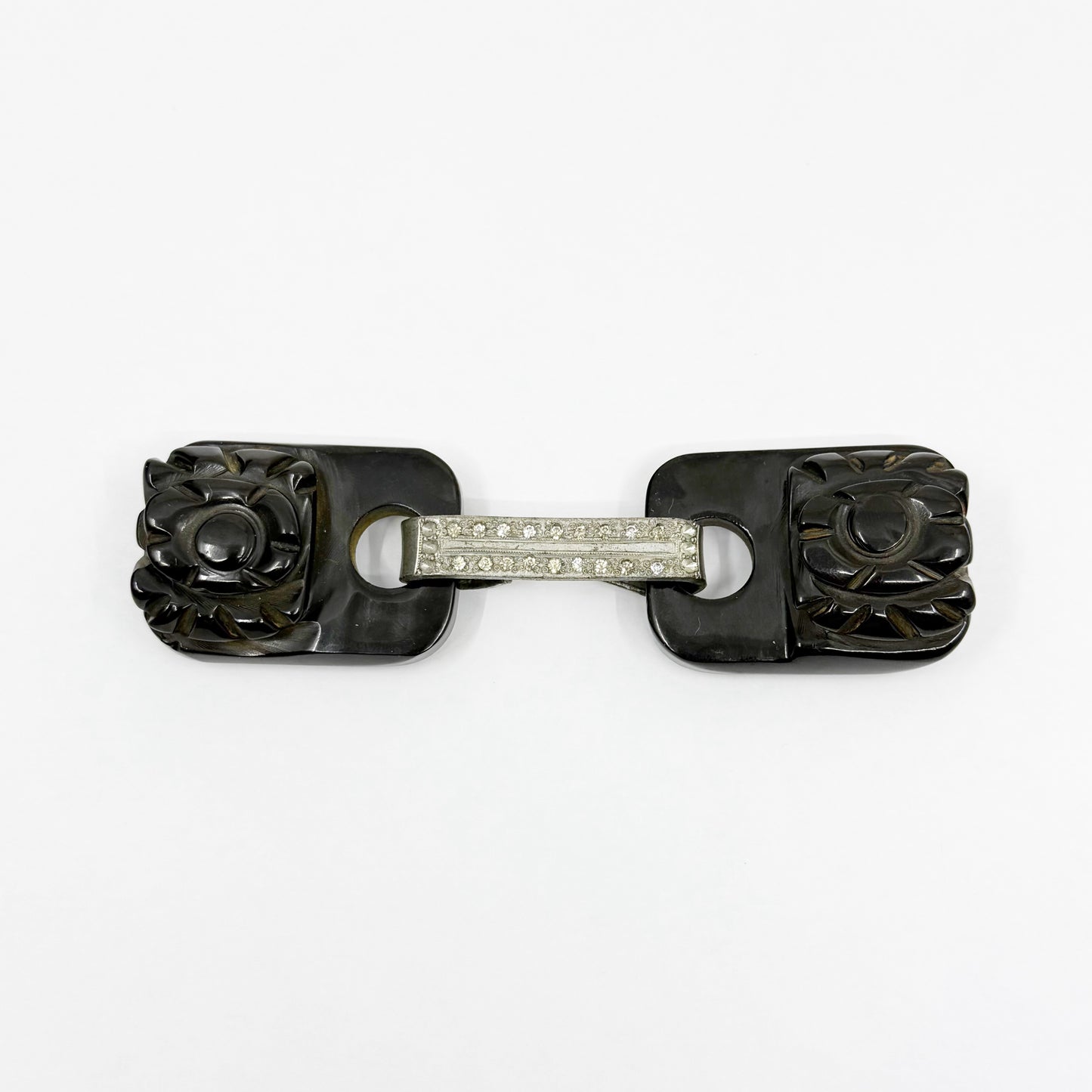 Art Deco carved bakelite & rhinestone silver tone Belt Buckle - GM3015