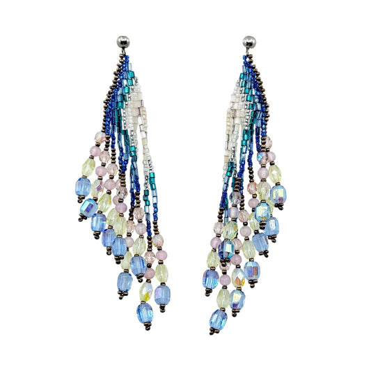 silver tone glass bead shoulder duster earrings - GM1529