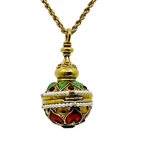 Vintage Gold tone enamel box pendant necklace