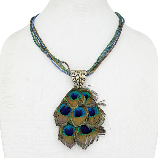 glass Seed bead & peacock feathers pendant necklace