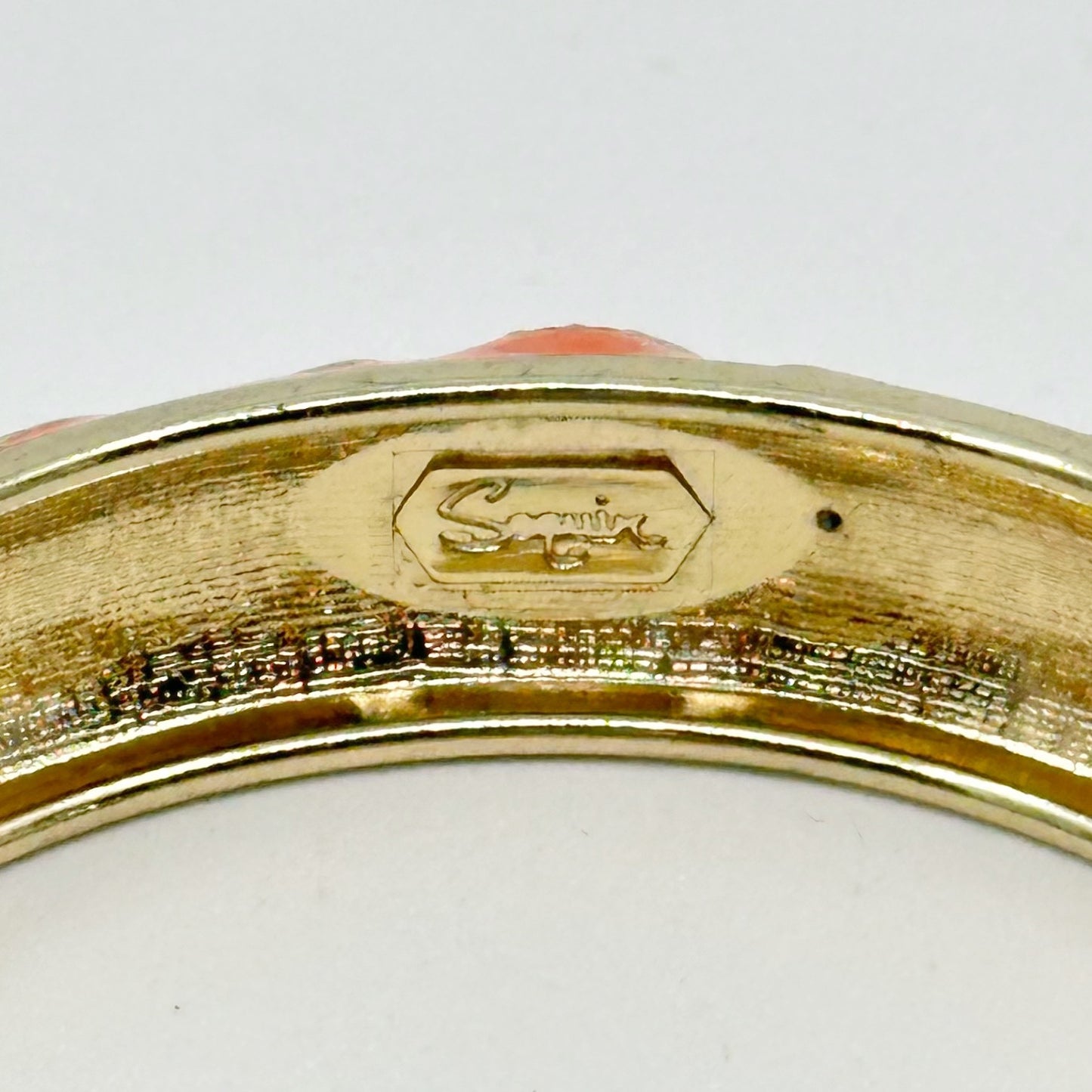 Sequin Gold tone Lucite cabochon Enamel Hinged bangle bracelet