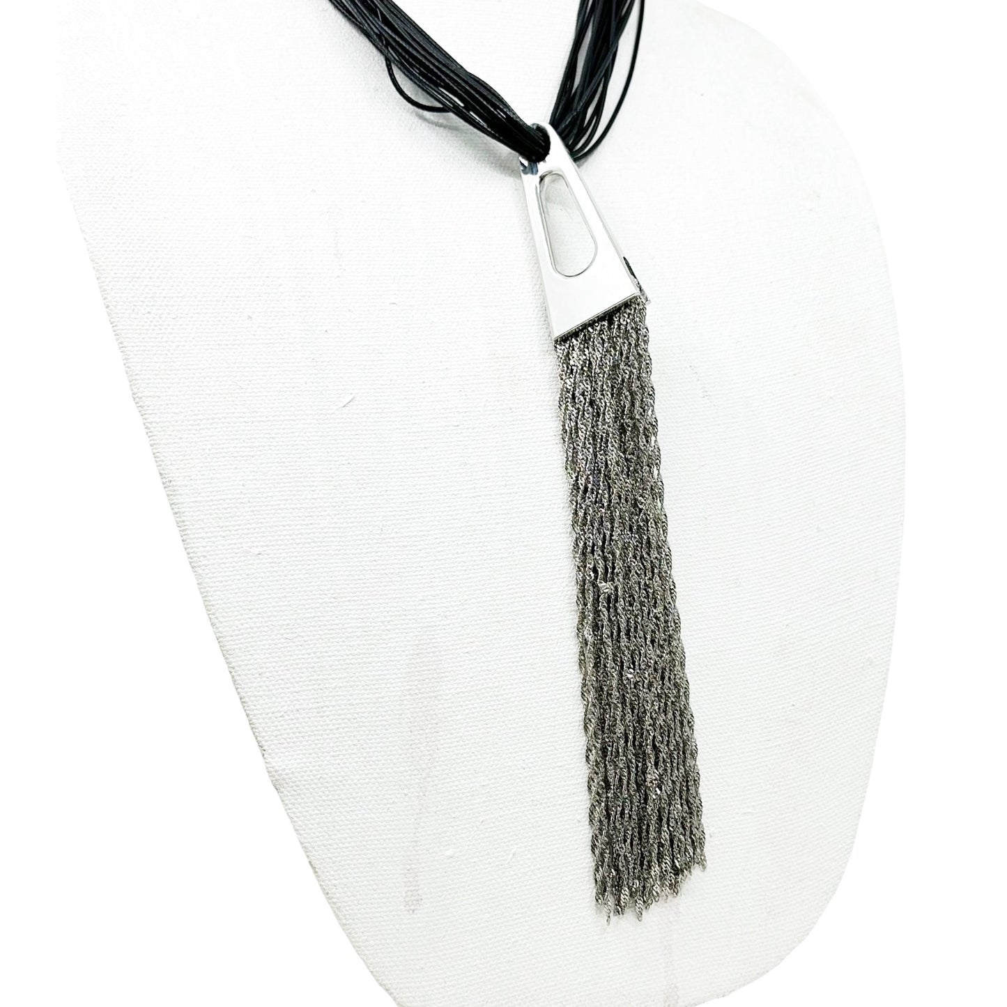 Modernist Silver tone tassel cord necklace