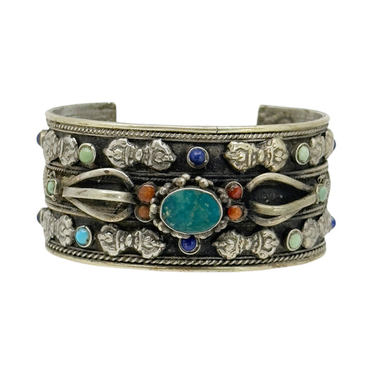 Vintage Tibetan silver coral & turquoise cuff bracelet