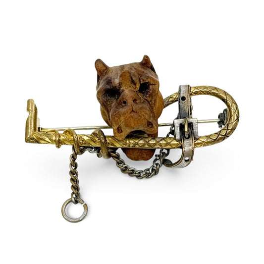 victorian Gold filled carved wood  bulldog terrier dog equestrian brooch - GM1582