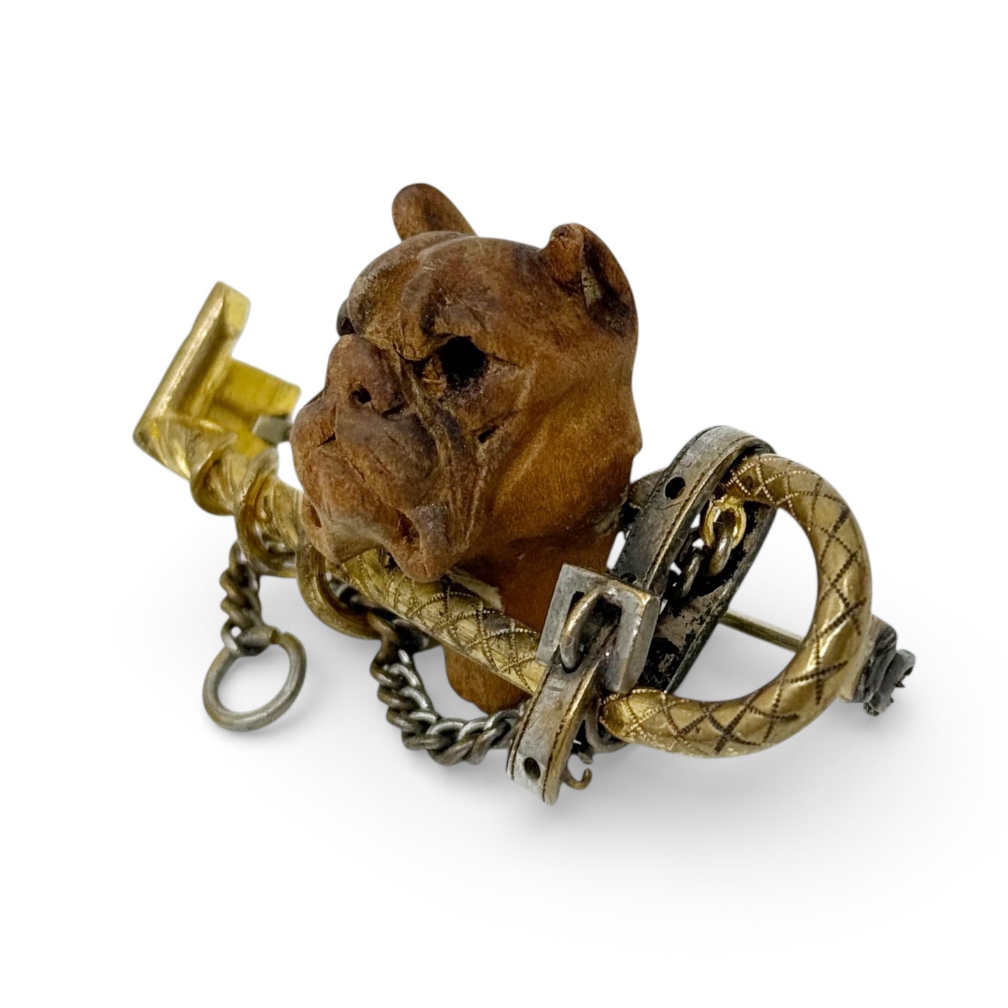 victorian Gold filled carved wood  bulldog terrier dog equestrian brooch - GM1582