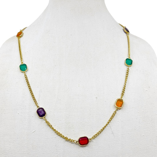 Vintage gold tone acrylic gemstone chain necklace