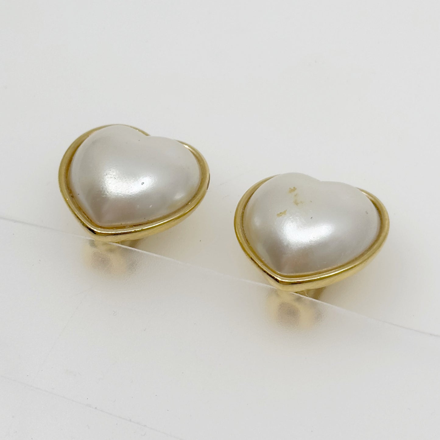 Vintage Gold tone heart pearl clip on earrings