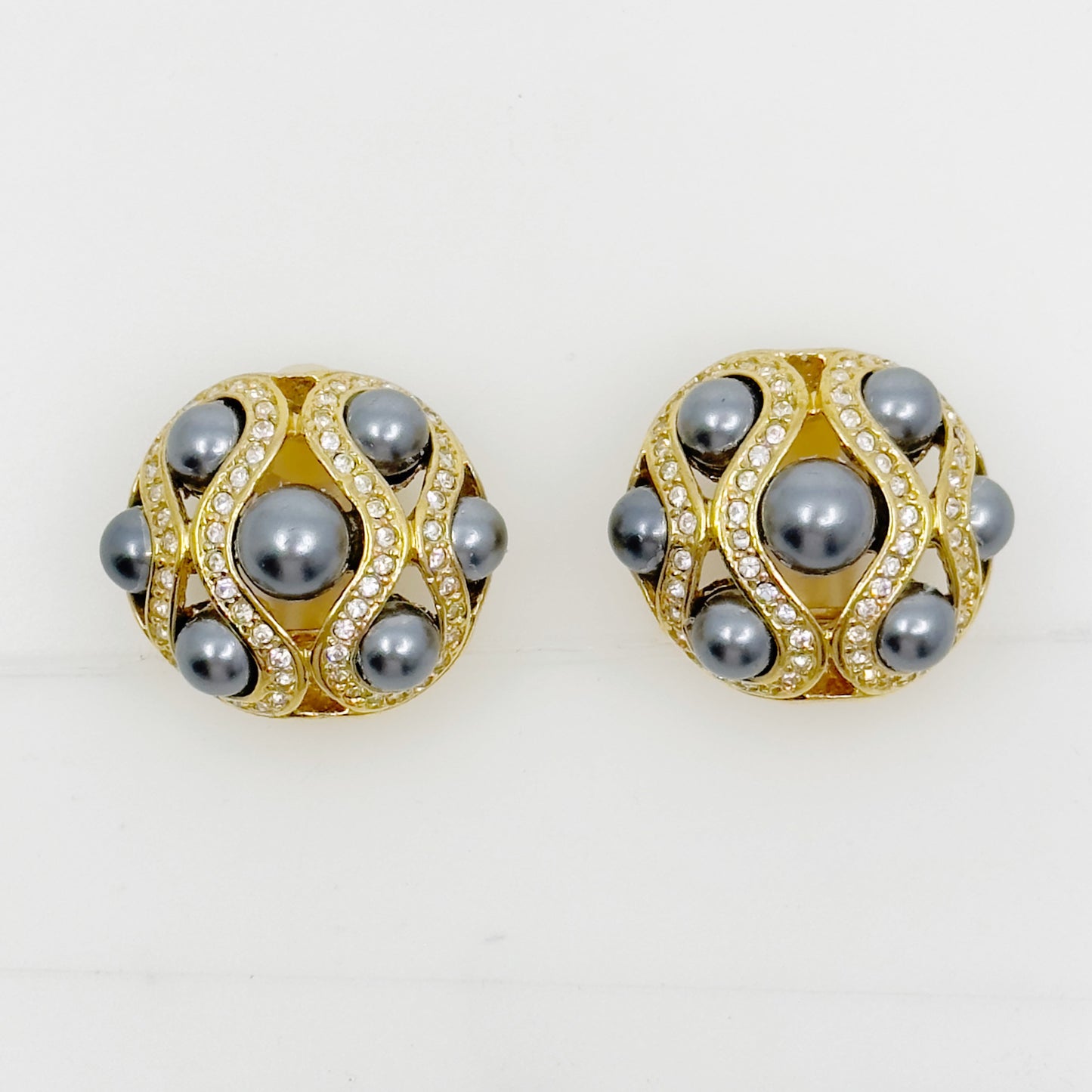 Gold tone pearl & rhinestone clip on earrings