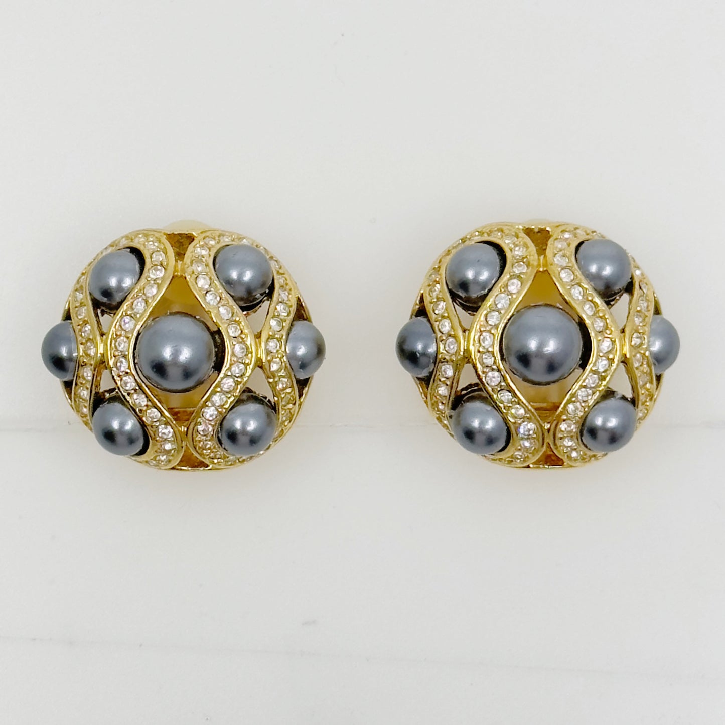 Gold tone pearl & rhinestone clip on earrings