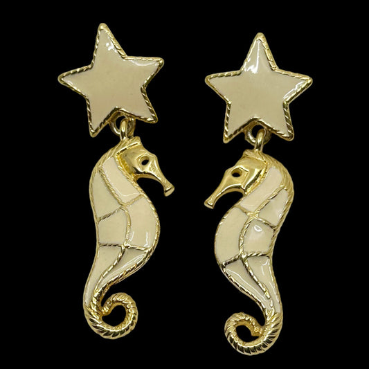 Trifari Gold Tone enamel sea horse & sea star drop earrings