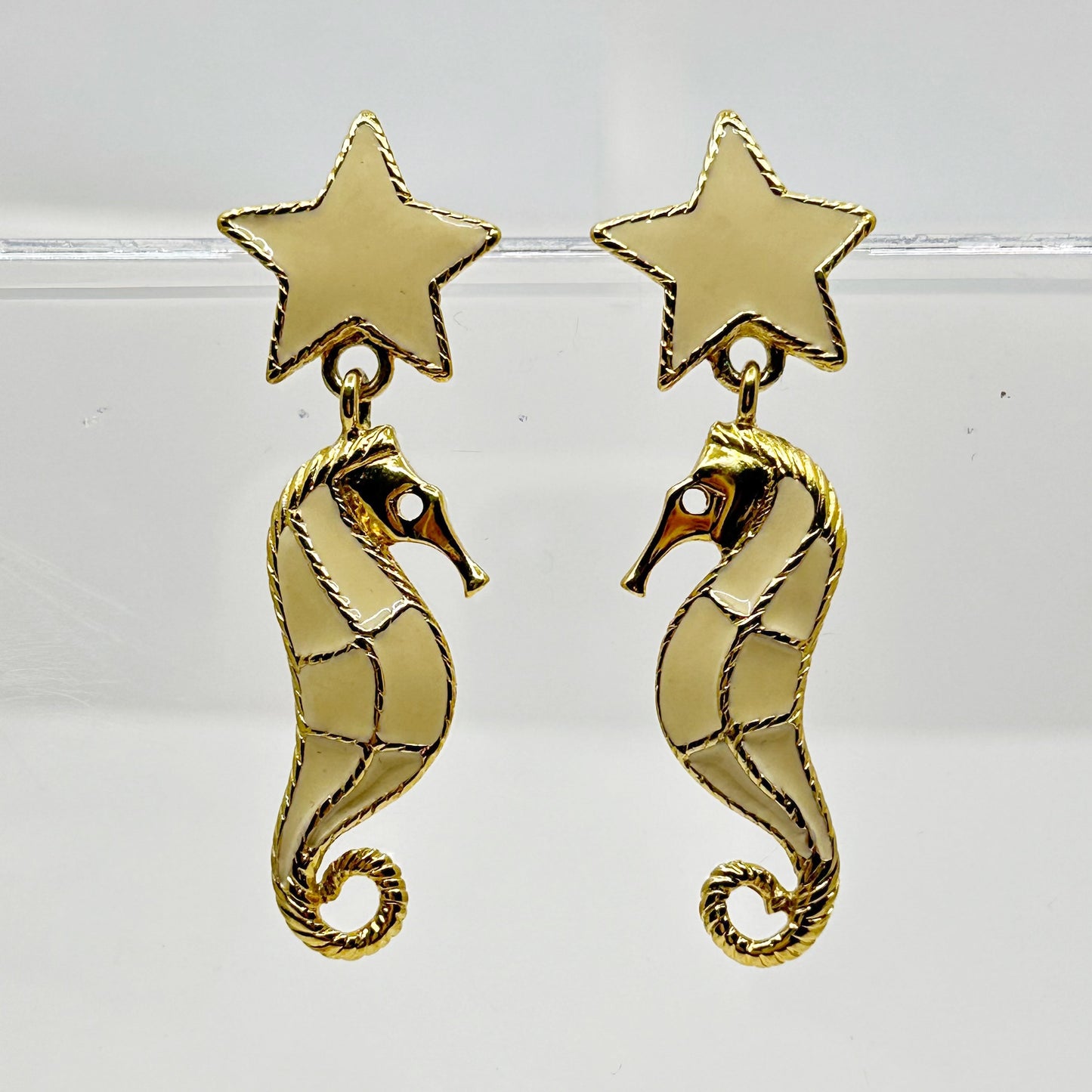 Trifari Gold Tone enamel sea horse & sea star drop earrings