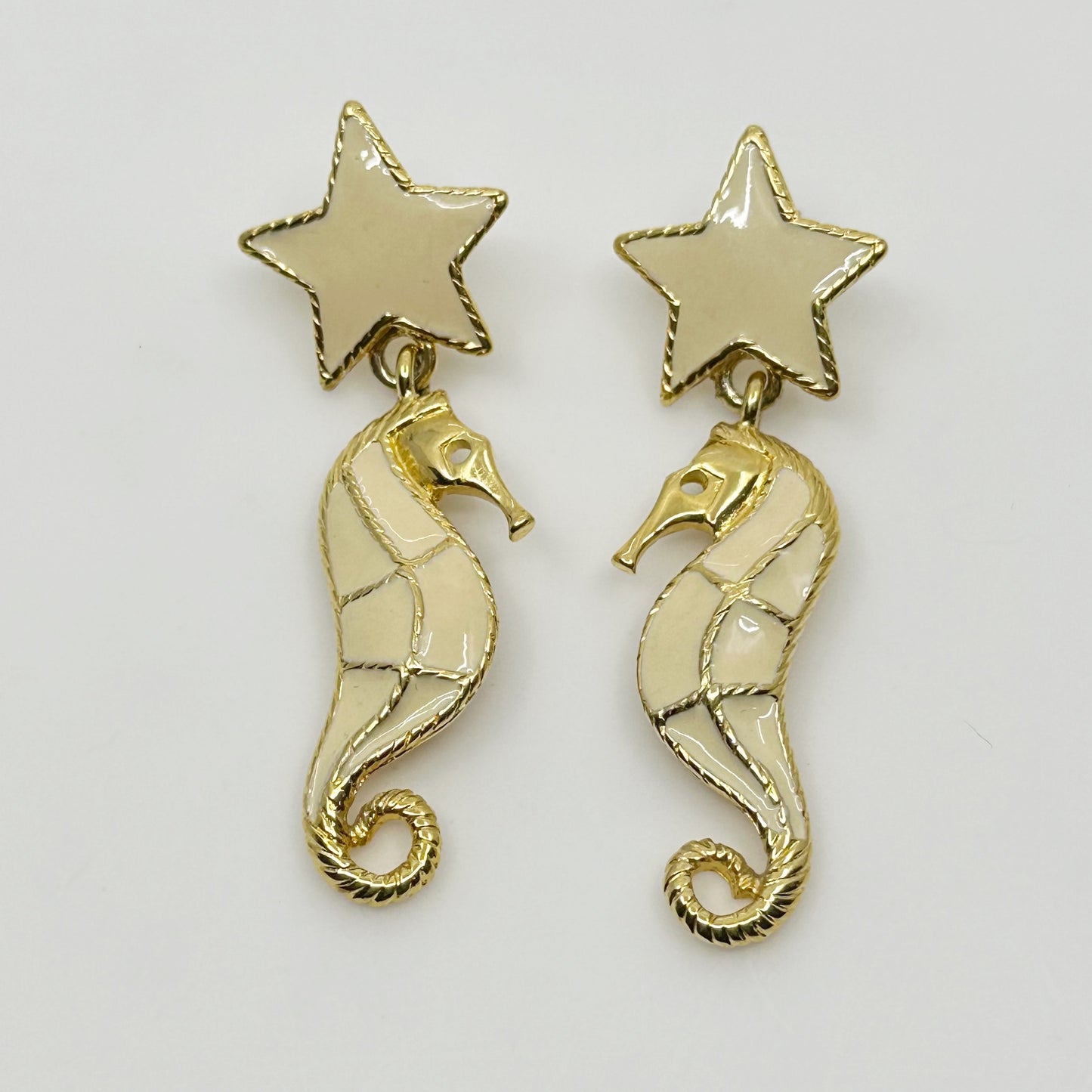 Trifari Gold Tone enamel sea horse & sea star drop earrings