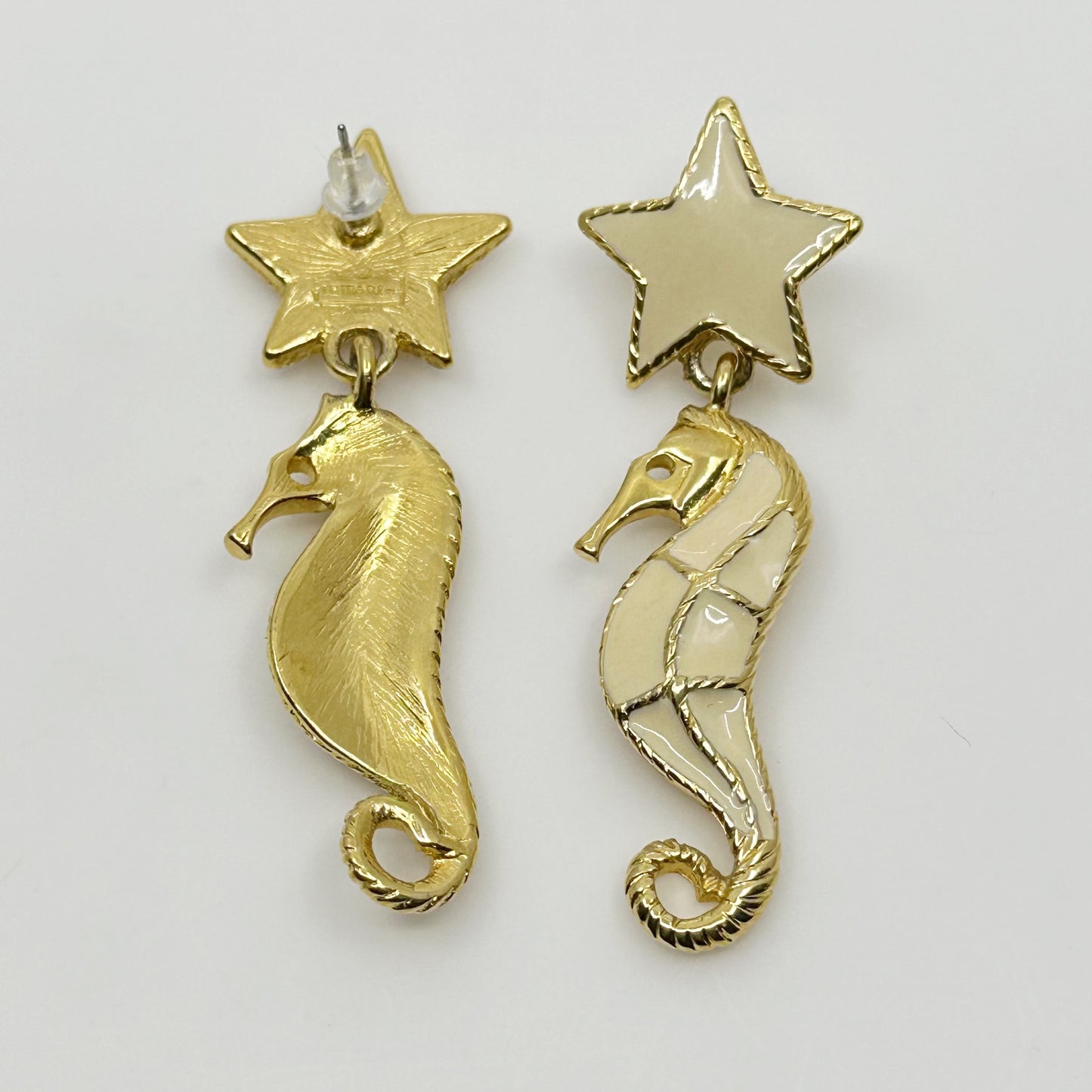 Trifari Gold Tone enamel sea horse & sea star drop earrings