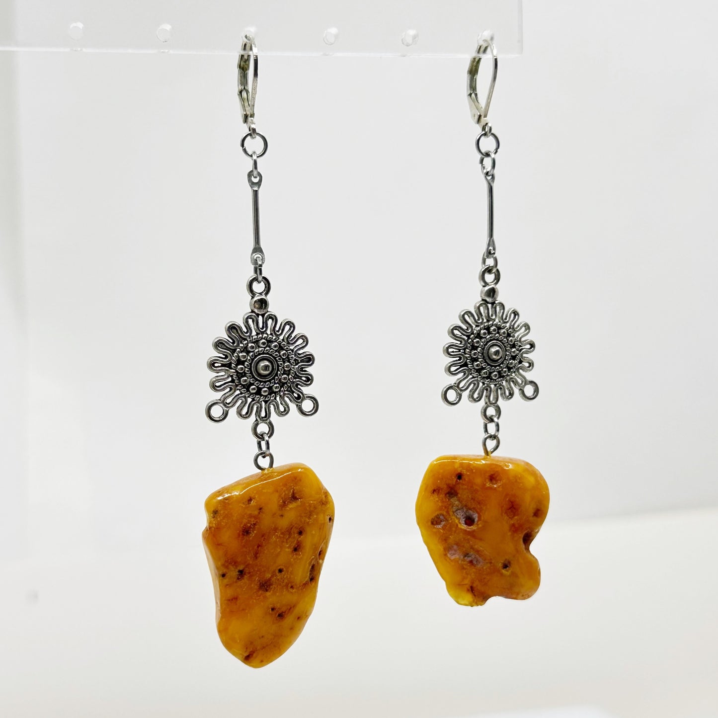 Vintage Silver tone egg yolk amber earrings