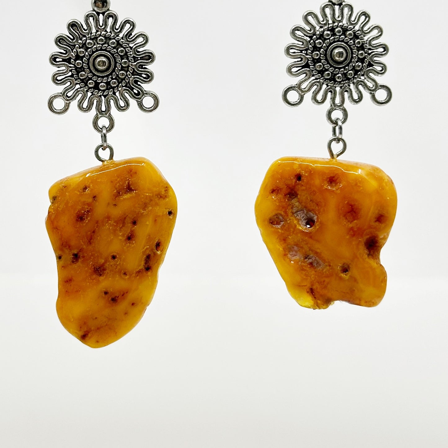 Vintage Silver tone egg yolk amber earrings