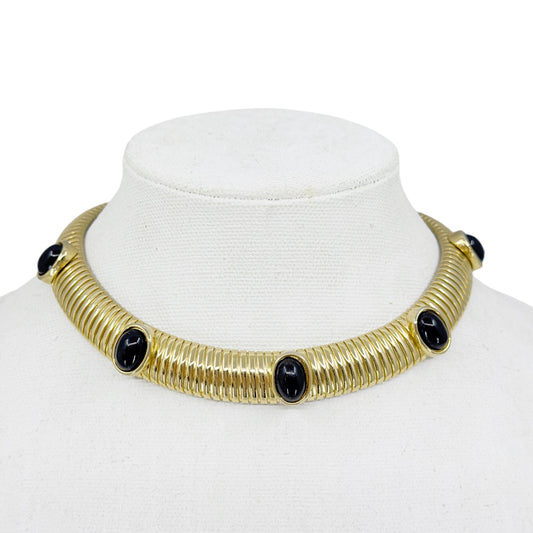 Vintage Gold tone tubogas acrylic onyx  cabochon necklace