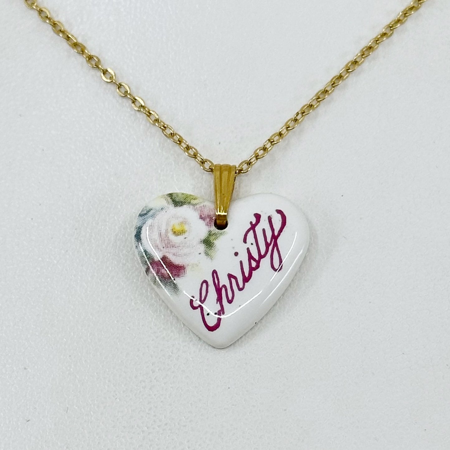 Gold tone porcelain Christy heart Pendant Necklace