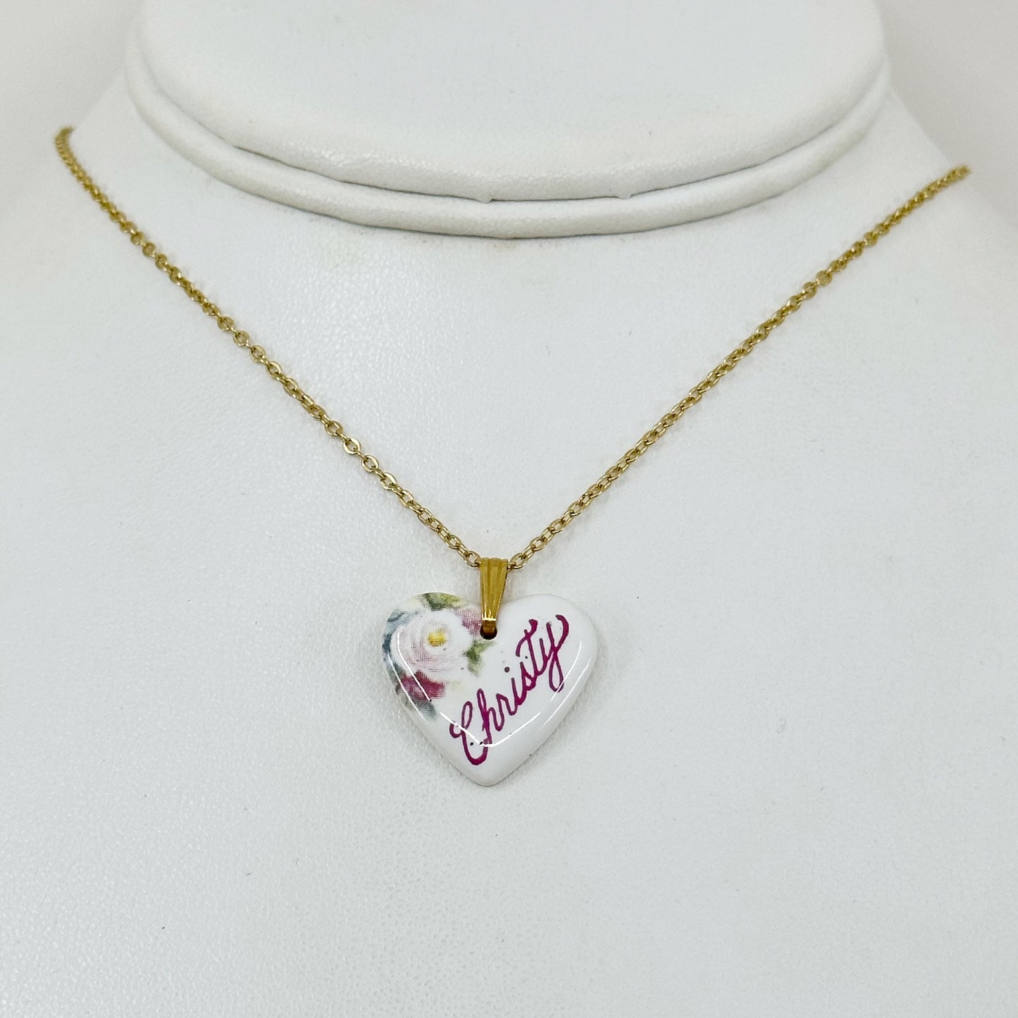 Gold tone porcelain Christy heart Pendant Necklace