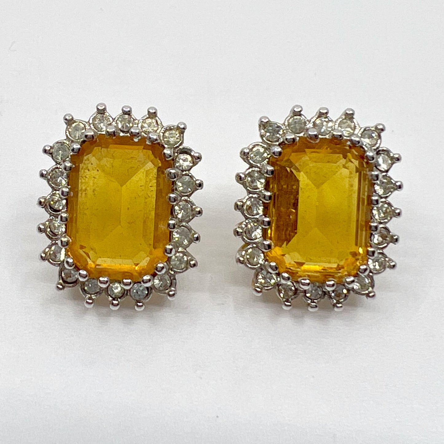 Vintage gold tone citrine glass & rhinestone earrings