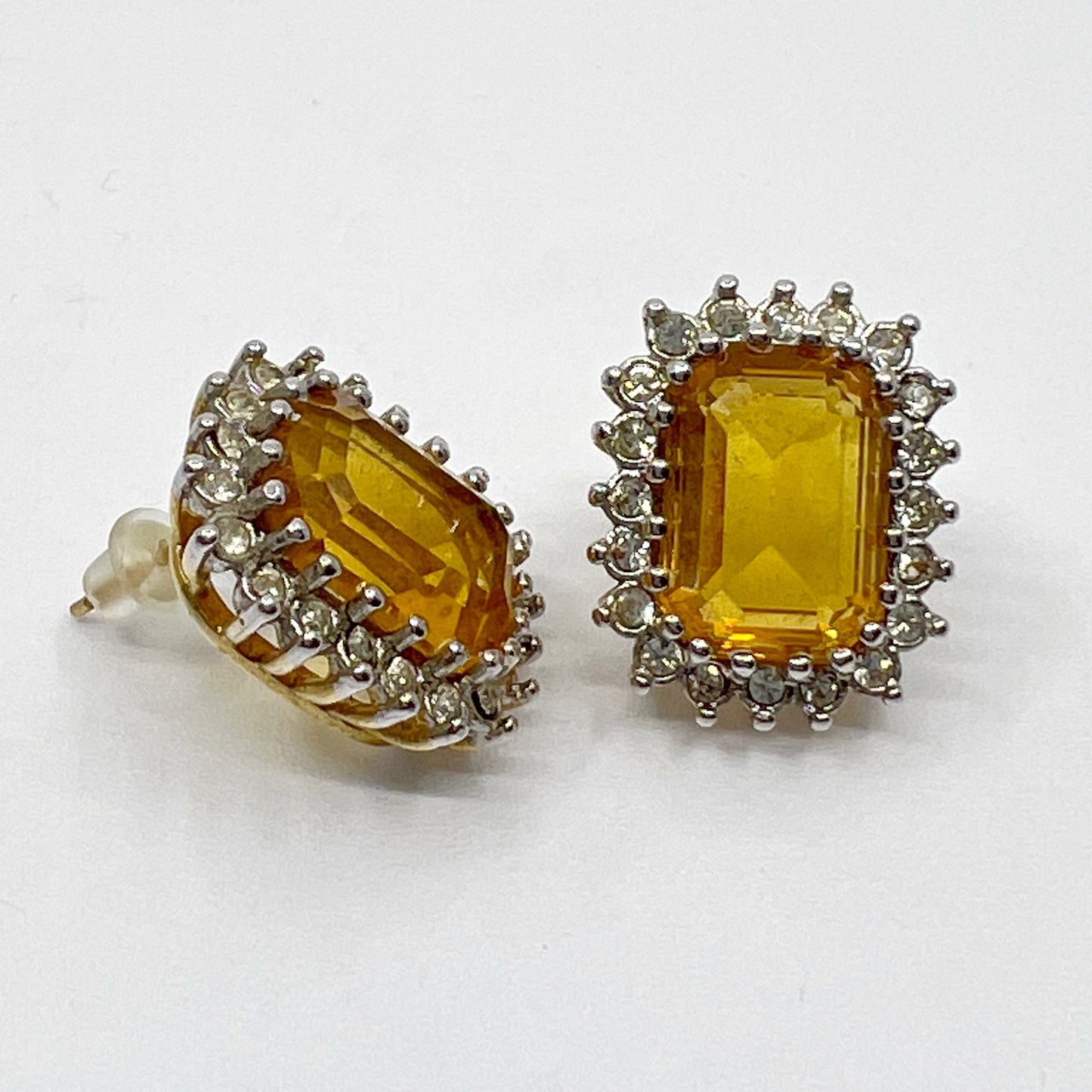 Vintage gold tone citrine glass & rhinestone earrings