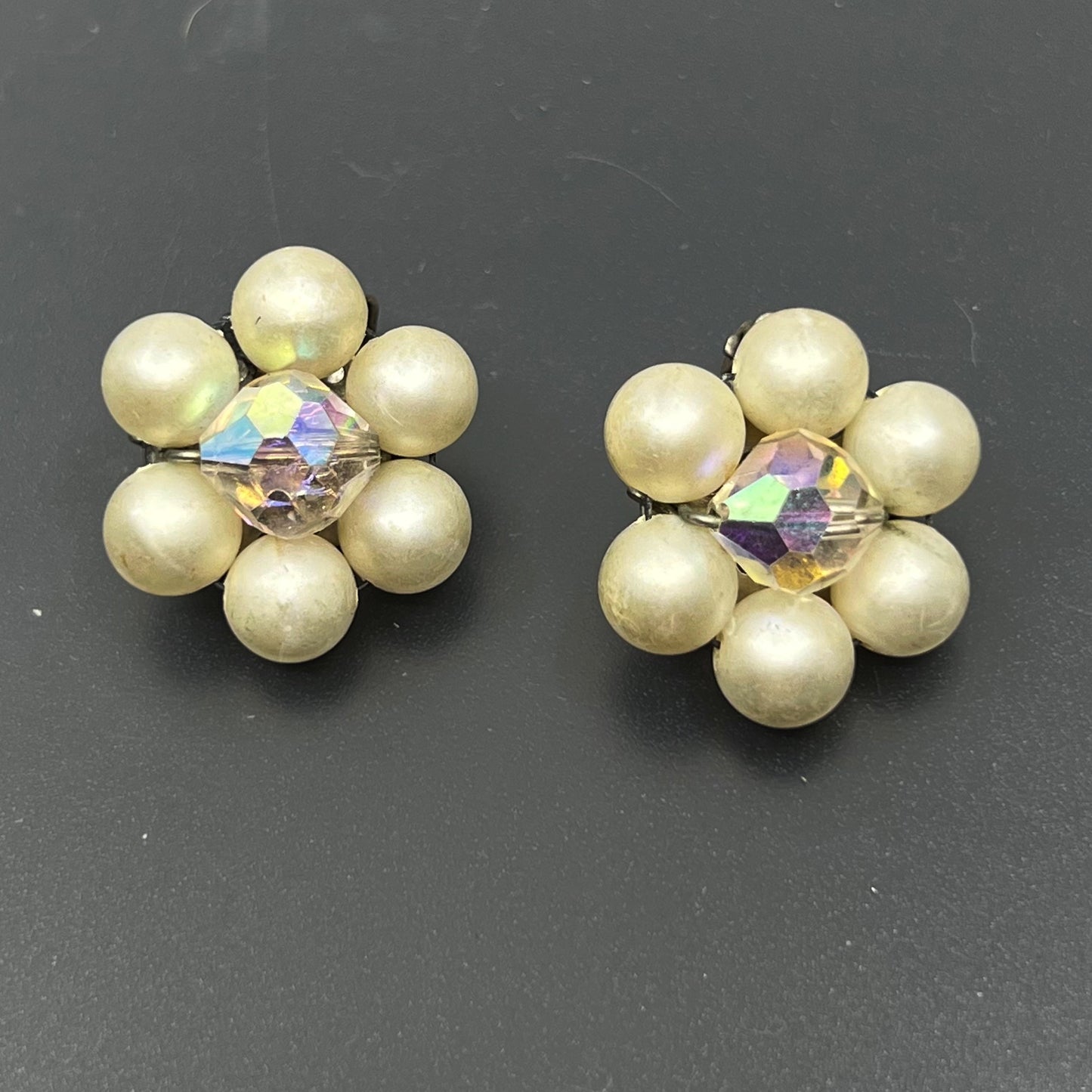 Vintage pearl & aurora borealis crystal clip on earrings