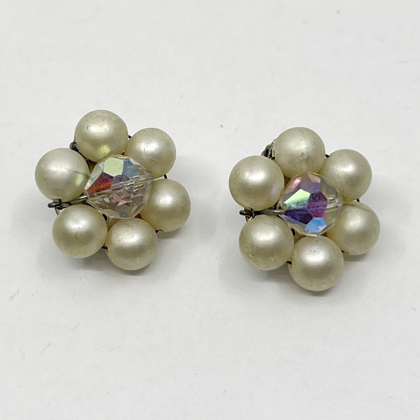 Vintage pearl & aurora borealis crystal clip on earrings