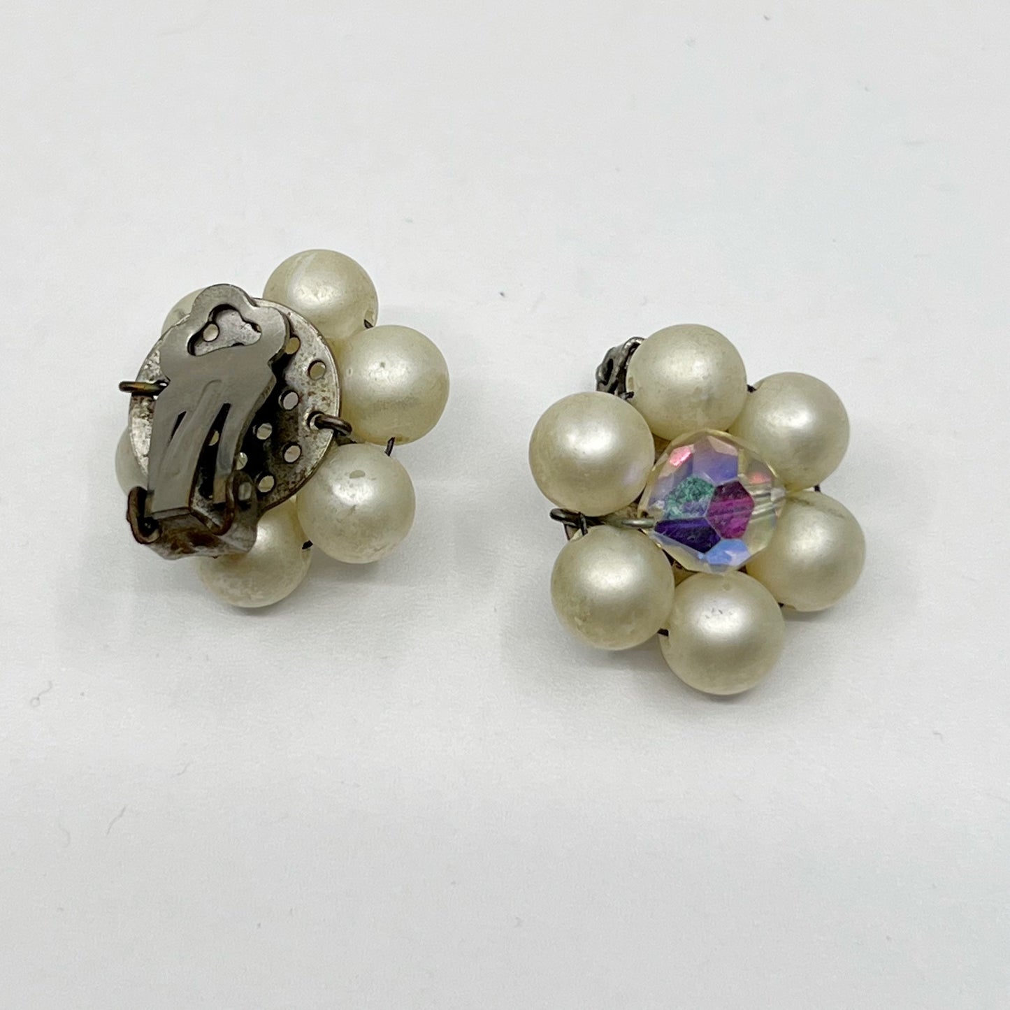 Vintage pearl & aurora borealis crystal clip on earrings