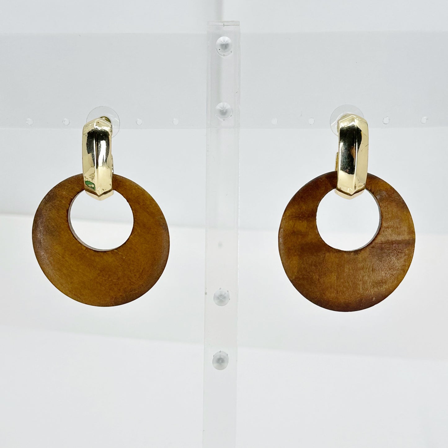 Kenneth J Lane gold tone wood Doorknocker earrings