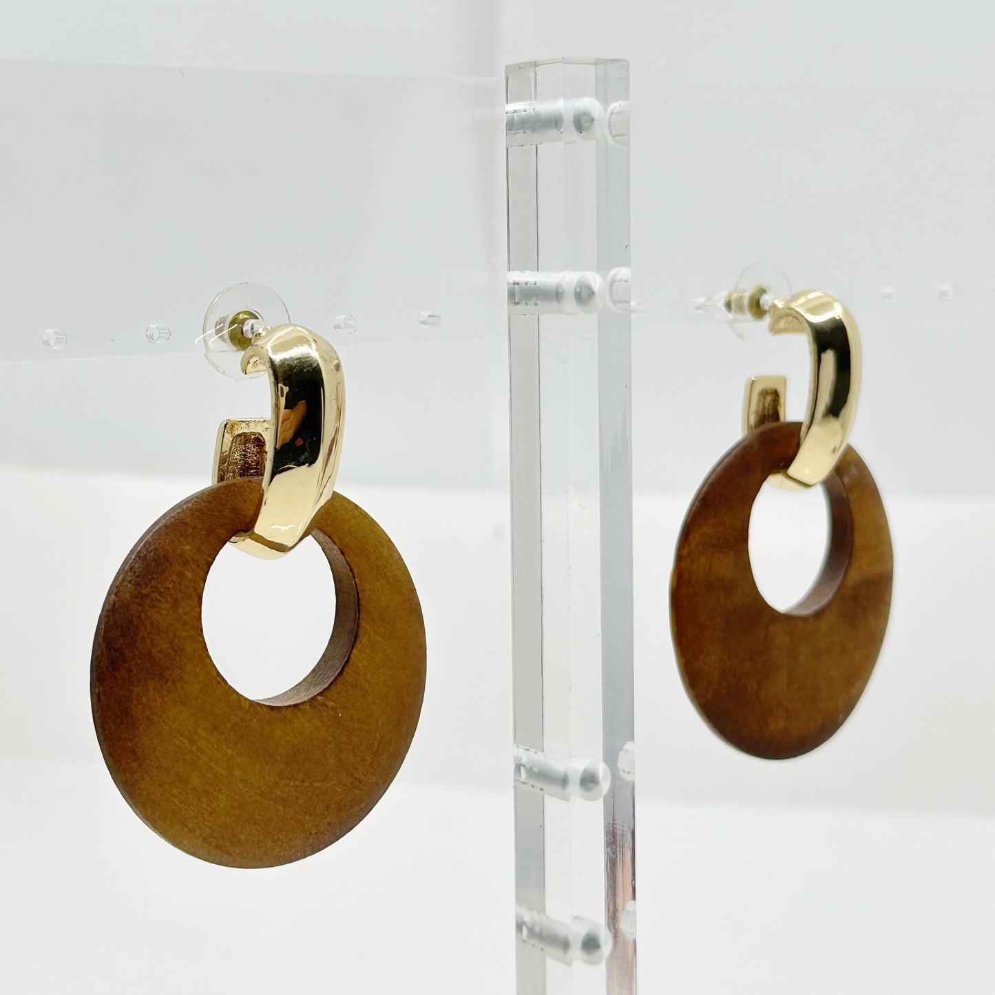 Kenneth J Lane gold tone wood Doorknocker earrings