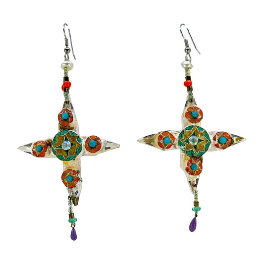 Vintage paper mache enamel & crystal cross earrings