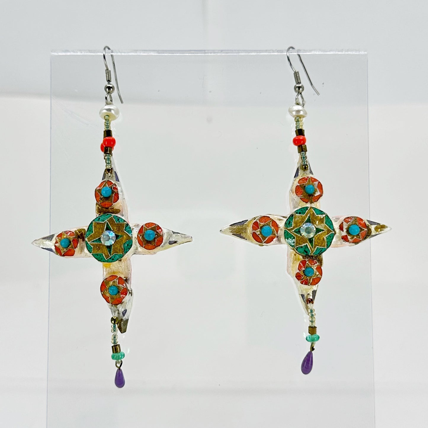 Vintage paper mache enamel & crystal cross earrings