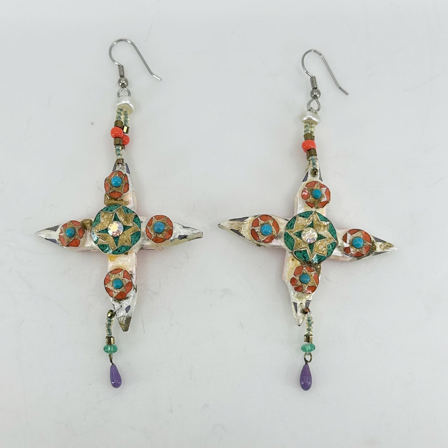 Vintage paper mache enamel & crystal cross earrings