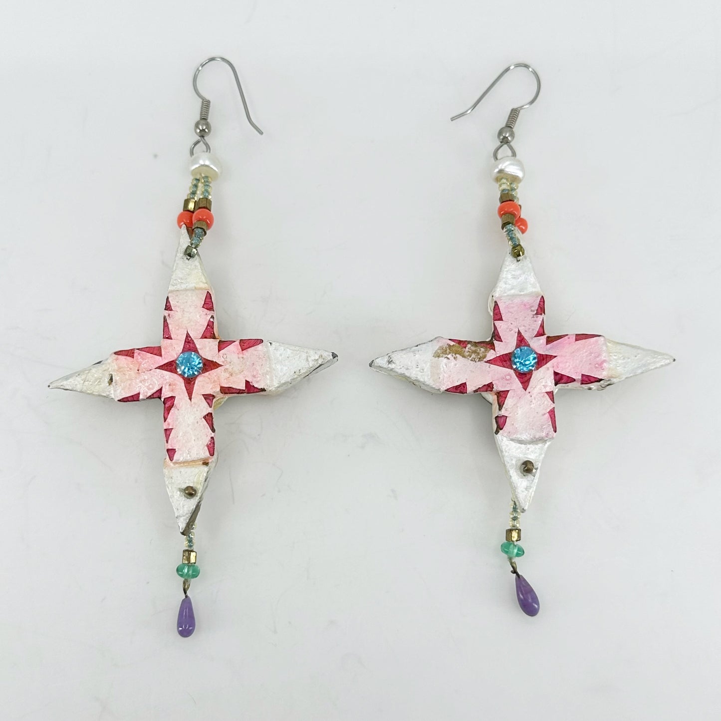 Vintage paper mache enamel & crystal cross earrings