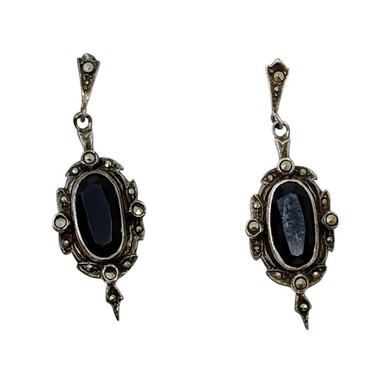 Vintage sterling silver marcasite & onyx drop earrings - GM154