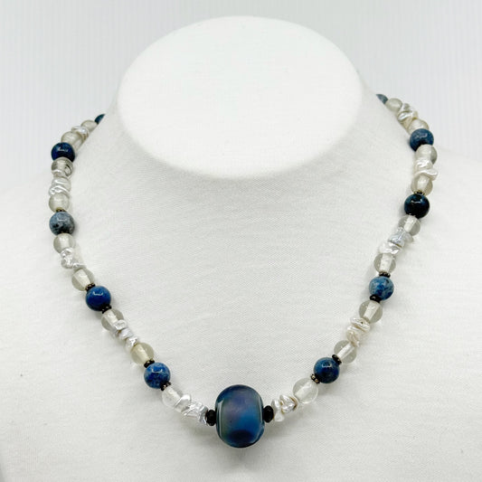 Hand Made sterling silver sodalite pearl & glass bead necklace - GM171